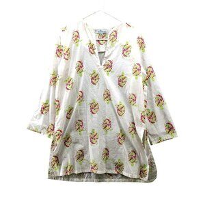 El Patio Turtle Print Beach Dress Womens M Split Neck White Cotton‎ Long Sleeve
